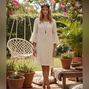 Love by Johnny Was Cream Velvet Long Sleeve Dress with Embroidered Detail